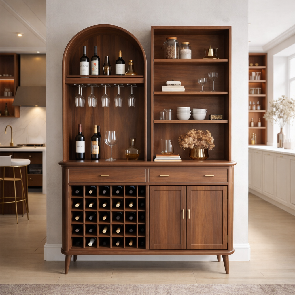 Solid Wood Bar Cabinet with Wine Rack, Arched Shelf & Open Display Storage