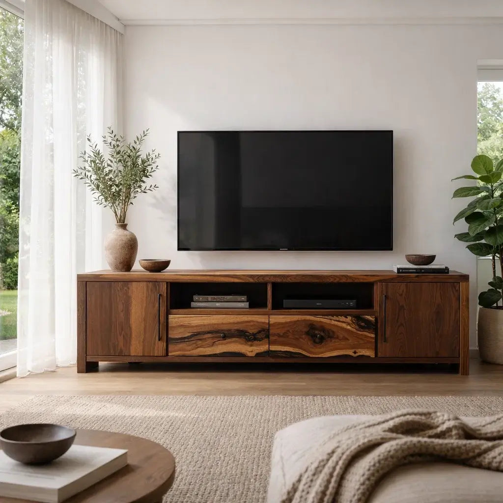 Solid Wood TV Cabinet with Live Edge Drawers – Modern Rustic Media Console Kitchnce