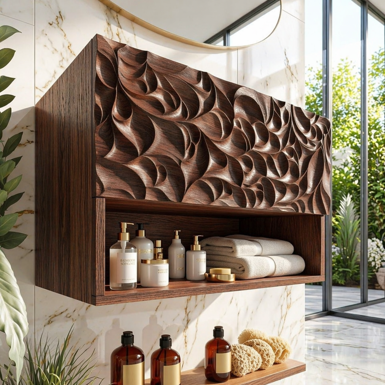 Solid Wood Floating Bathroom Cabinet, Modern Wall Mounted Carved Vanity Storage Shelf