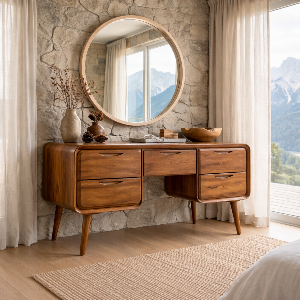Solid Wood Makeup Vanity with 6 Drawers | Modern Minimalist Design for Bedroom