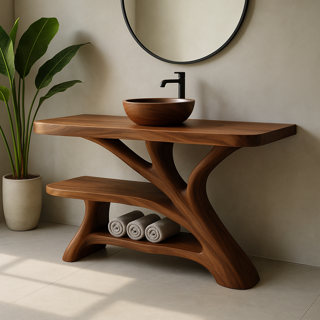 Handcrafted Solid Wood Bathroom Vanity – Modern Organic Design with Sculptural Branch Base Kitchnce