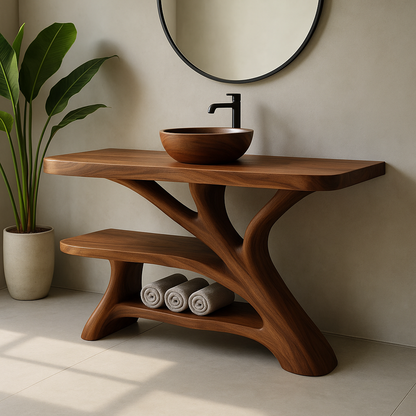 Handcrafted Solid Wood Bathroom Vanity – Modern Organic Design with Sculptural Branch Base Kitchnce