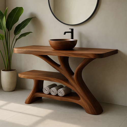 Handcrafted Solid Wood Bathroom Vanity – Modern Organic Design with Sculptural Branch Base Kitchnce