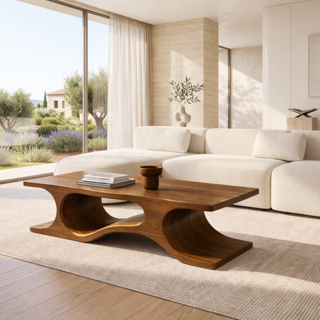Organic Sculptural Coffee Table with Wave Base, Modern Minimalist Home Living Room Centerpiece