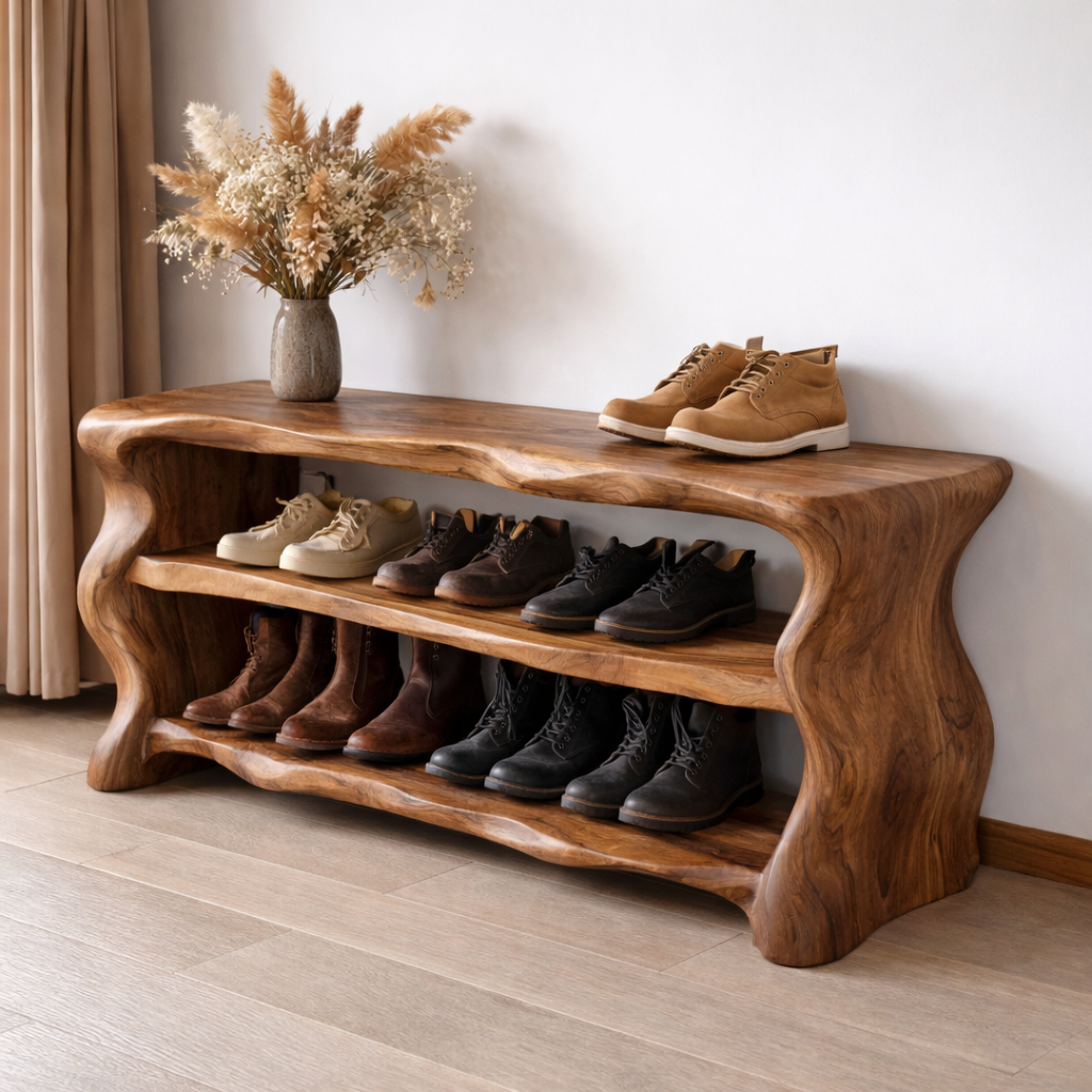 Solid Wood Entryway Bench with Shoe Storage – Rustic Live Edge Shoe Rack Bench Kitchnce