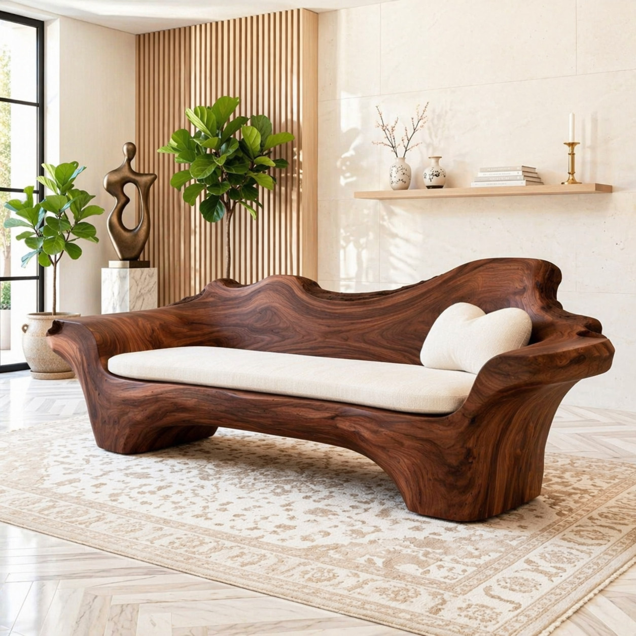 Modern Organic Sculptural Wooden Sofa, Handmade Statement Couch with Cream Cushion