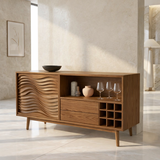 Modern Bar Cabinet Sideboard with Wave Door, Wine Cubby and Open Shelf