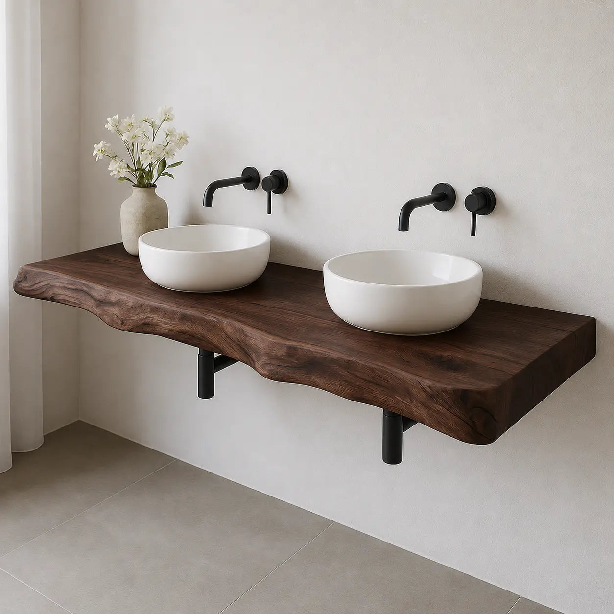 Double Sink Live Edge Vanity Shelf | Solid Wood Floating Bathroom Counter Kitchnce