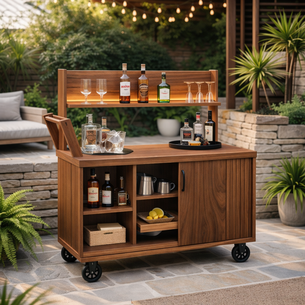 Solid Wood Outdoor Bar Cabinet Cart with Wheels & Storage Shelf – Patio Drink Station