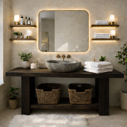 Rustic Solid Wood Bathroom Vanity Table With Open Shelf Farmhouse Bathroom Cabinet Kitchnce