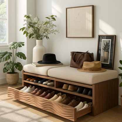 Solid Wood Entryway Bench with Storage Cubbies, Rustic Hallway Organizer Seat