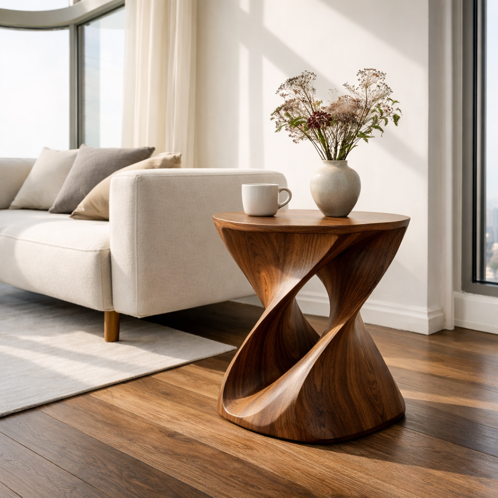 Modern Sculptural Solid Wood End Table – Artistic Curved Side Table for Living Room Kitchnce