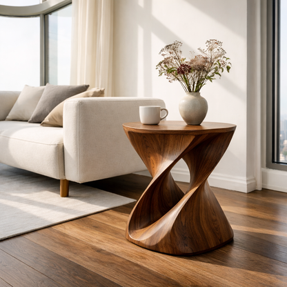 Modern Sculptural Solid Wood End Table – Artistic Curved Side Table for Living Room Kitchnce
