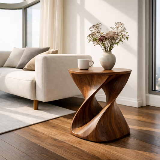 Modern Sculptural Solid Wood End Table – Artistic Curved Side Table for Living Room Kitchnce