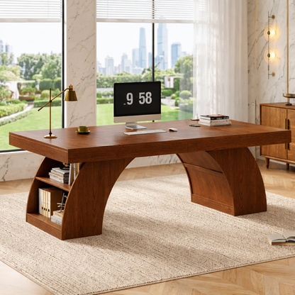 Modern Executive Desk with Sculptural Base, Storage Shelves, Designer Workspace Office Table