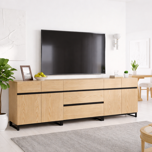 Modern Solid Wood TV Stand Long Media Console with Drawers Black Accent Lines