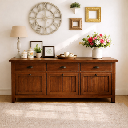 Solid Wood Sideboard Console Table with Drawers and Cabinet, Farmhouse Wood Buffet Storage Cabinet Kitchnce