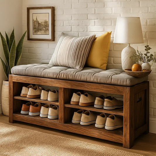 Solid Wood Entryway Bench with Shoe Storage Shelves, Rustic Hallway Organizer