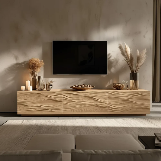 Solid Wood TV Stand Modern Oak Media Console with Wave Carved Doors and Storage