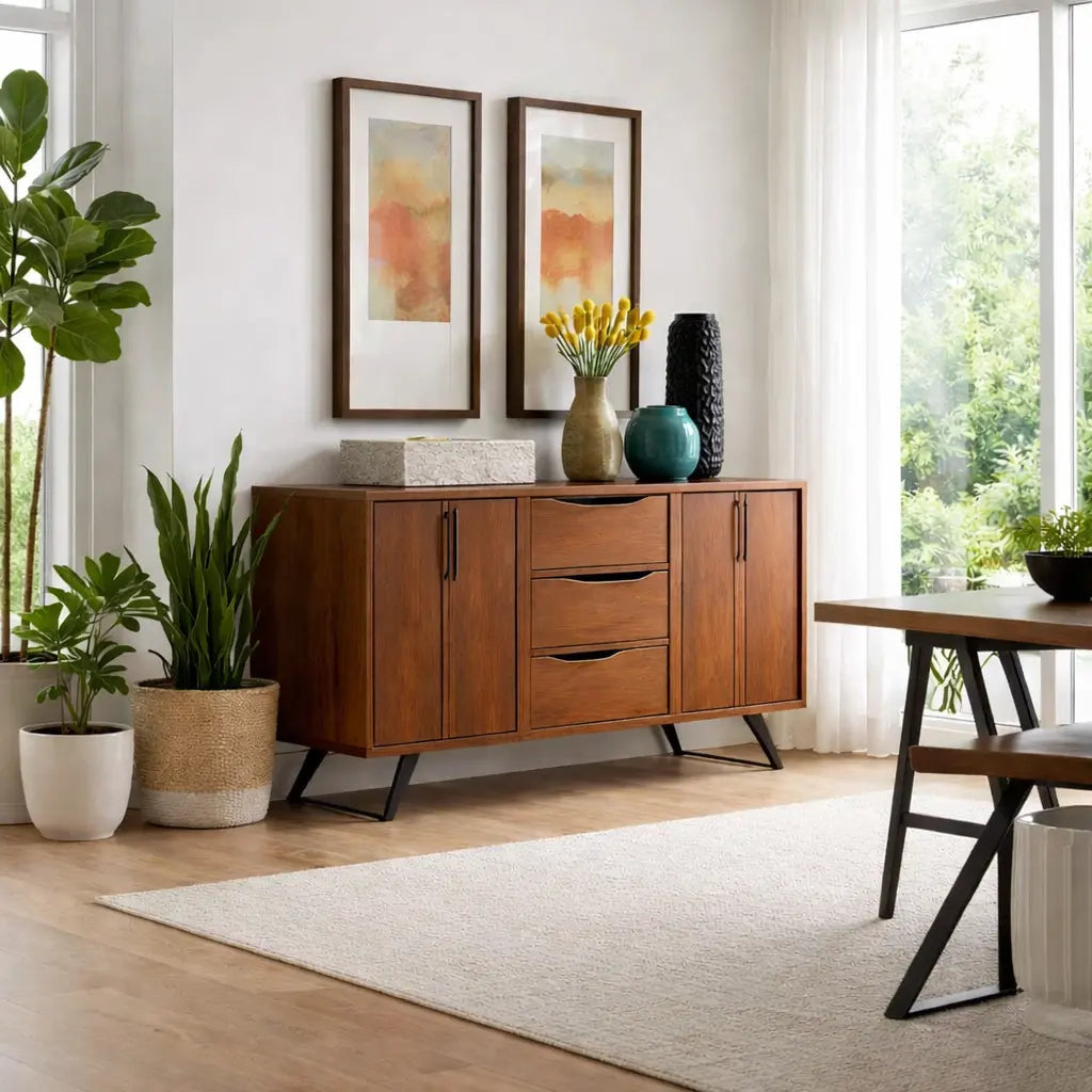 Modern Walnut Console Table with Drawers & Cabinet Kitchnce