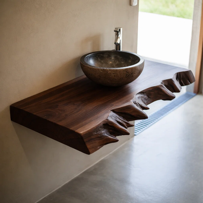 Live Edge Solid Wood Floating Bathroom Vanity – Rustic Wall Mounted Vanity Top