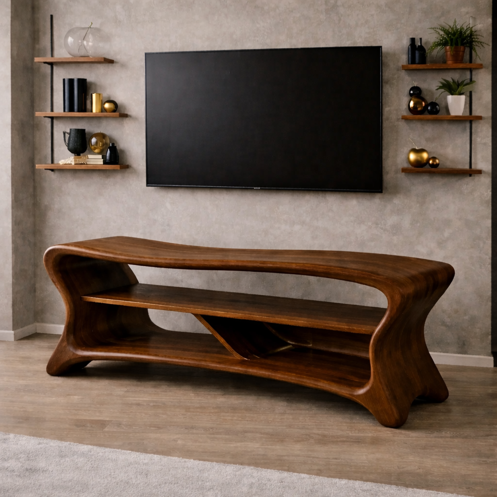 Sculptural Solid Wood TV Console – Modern Wooden Media Stand with Storage Shelf Kitchnce