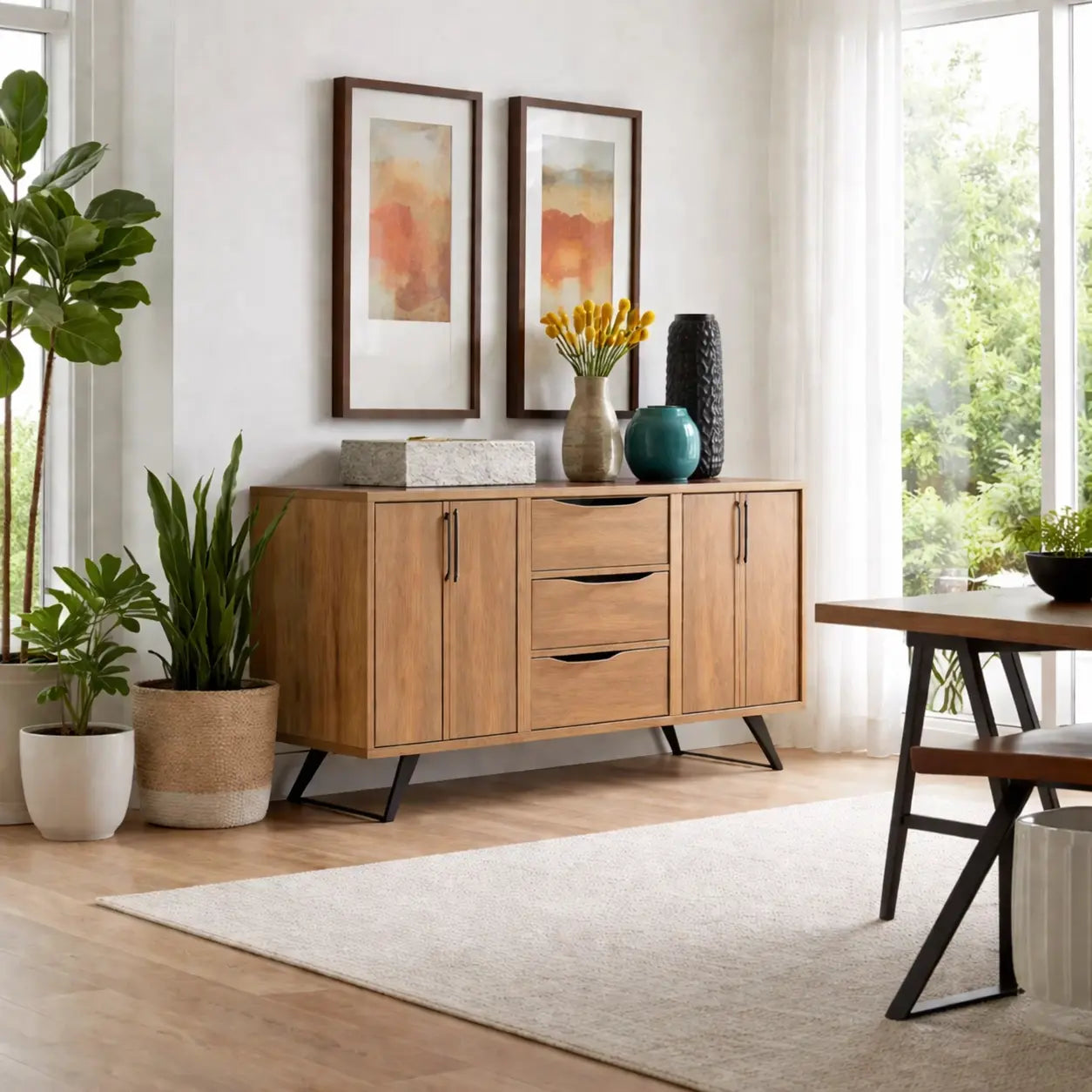 Modern Walnut Console Table with Drawers & Cabinet Kitchnce