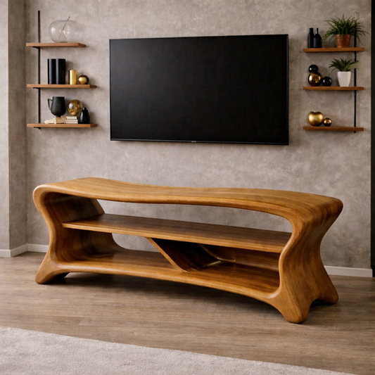 Sculptural Solid Wood TV Console – Modern Wooden Media Stand with Storage Shelf Kitchnce