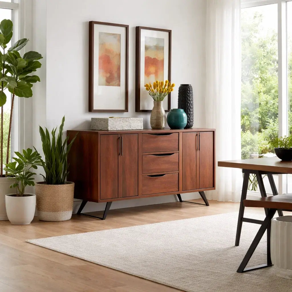 Modern Walnut Console Table with Drawers & Cabinet Kitchnce
