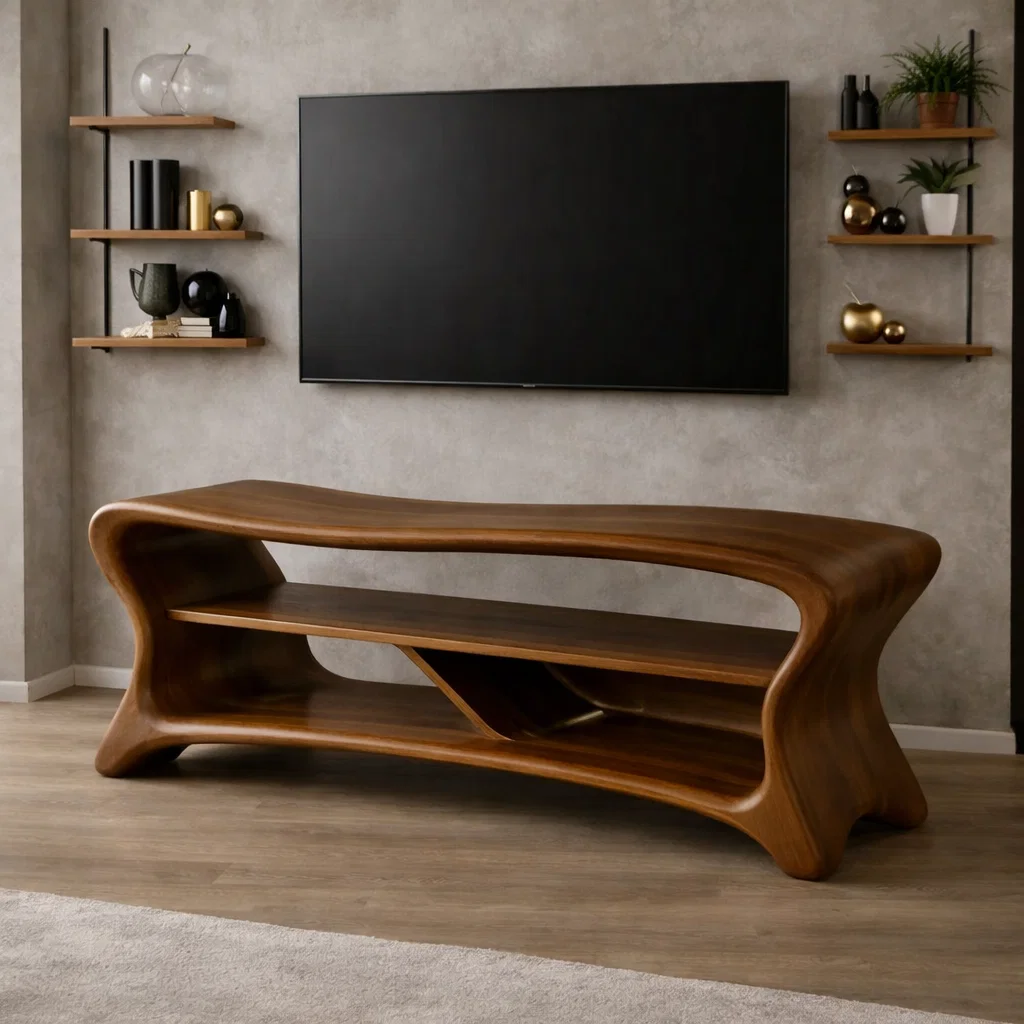 Sculptural Solid Wood TV Console – Modern Wooden Media Stand with Storage Shelf Kitchnce