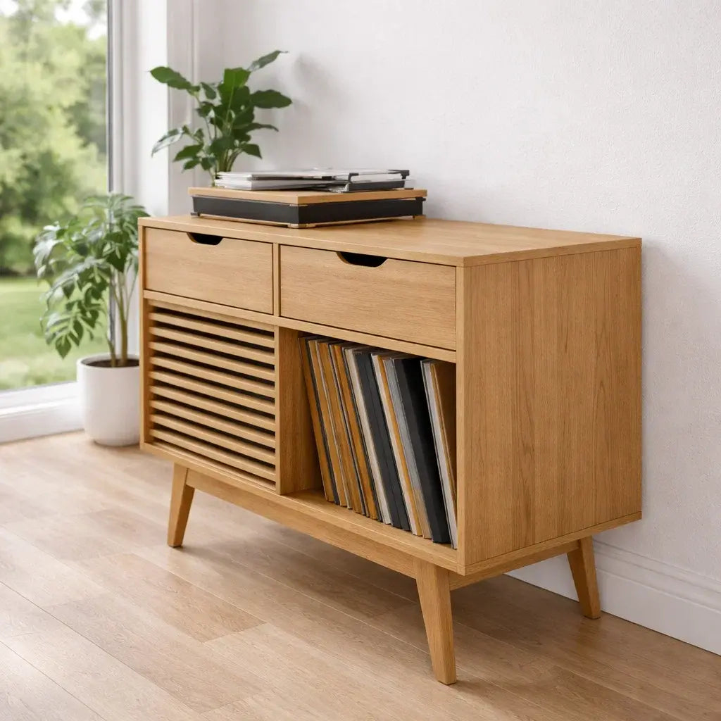 Modern Console Table with Drawers, Sliding Door & Open Storage Kitchnce