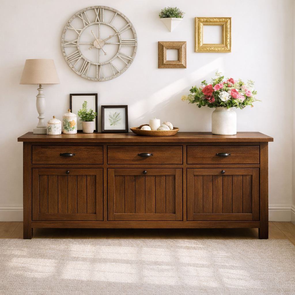 Solid Wood Sideboard Console Table with Drawers and Cabinet, Farmhouse Wood Buffet Storage Cabinet Kitchnce