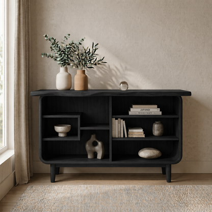 Solid Wood Console Cabinet with Open Shelves – Modern Rustic Storage Sideboard