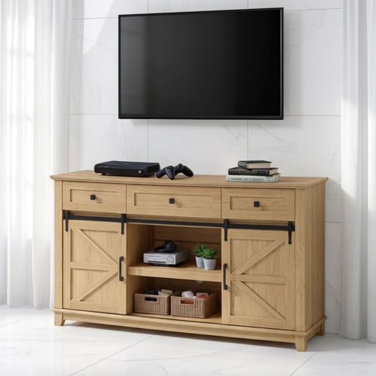 Solid Wood TV Stand with Sliding Barn Doors Drawers and Open Shelf