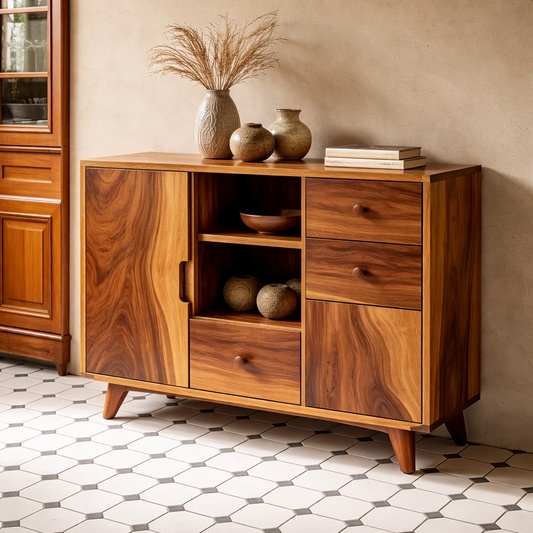 Solid Wood Console Cabinet - Mid-Century Modern Storage with Open Shelves