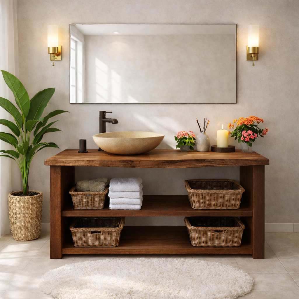 Rustic Wooden Bathroom Vanity with Open Shelves and Modern Faucet Kitchnce
