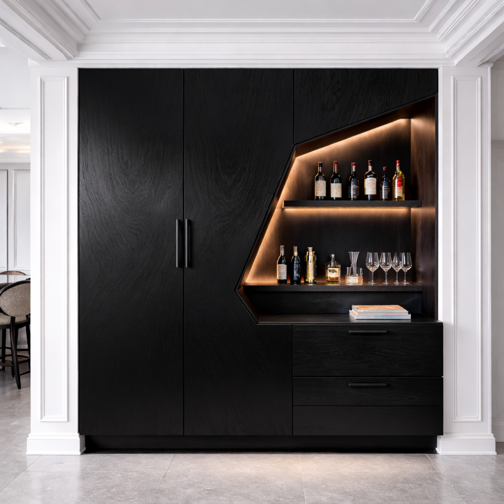 Modern Solid Wood Bar Cabinet with LED Shelf & Hidden Storage – Luxury Home Bar Unit