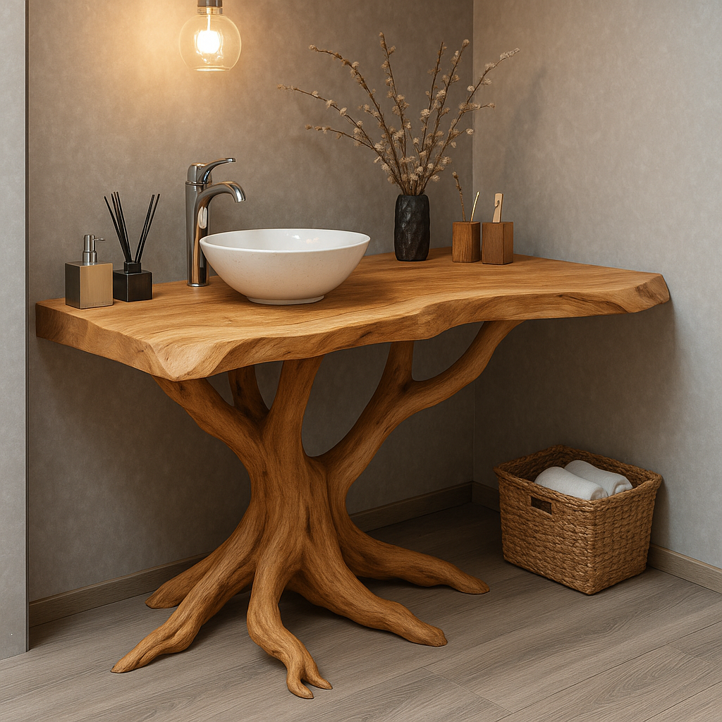 Handcrafted Solid Wood Bathroom Vanity – Sculptural Tree Root Design with Natural Live Edge Kitchnce