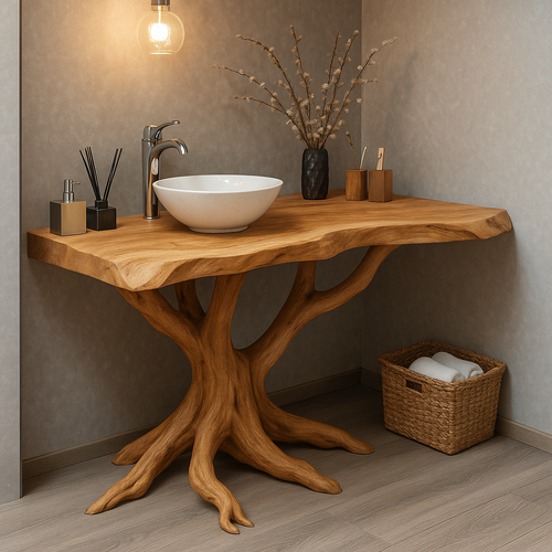 Handcrafted Solid Wood Bathroom Vanity – Sculptural Tree Root Design with Natural Live Edge Kitchnce