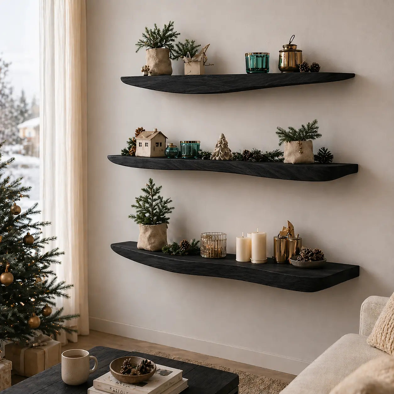 Solid Wood Floating Wall Shelf Live Edge Rustic Wall Mounted Display Shelf Kitchnce