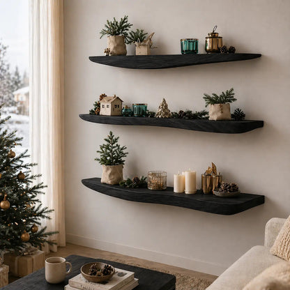Solid Wood Floating Wall Shelf Live Edge Rustic Wall Mounted Display Shelf Kitchnce