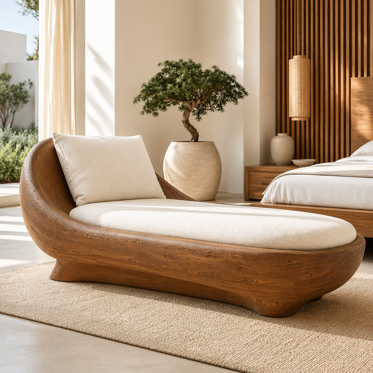 Modern Sculptural Chaise Lounge Curved Daybed with Cushion for Bedroom Decor