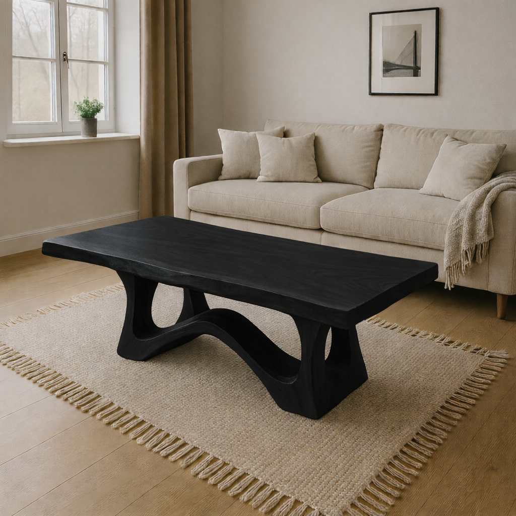 Modern Wooden Coffee Table with Curved Base – Solid Wood Living Room Center Table Kitchnce