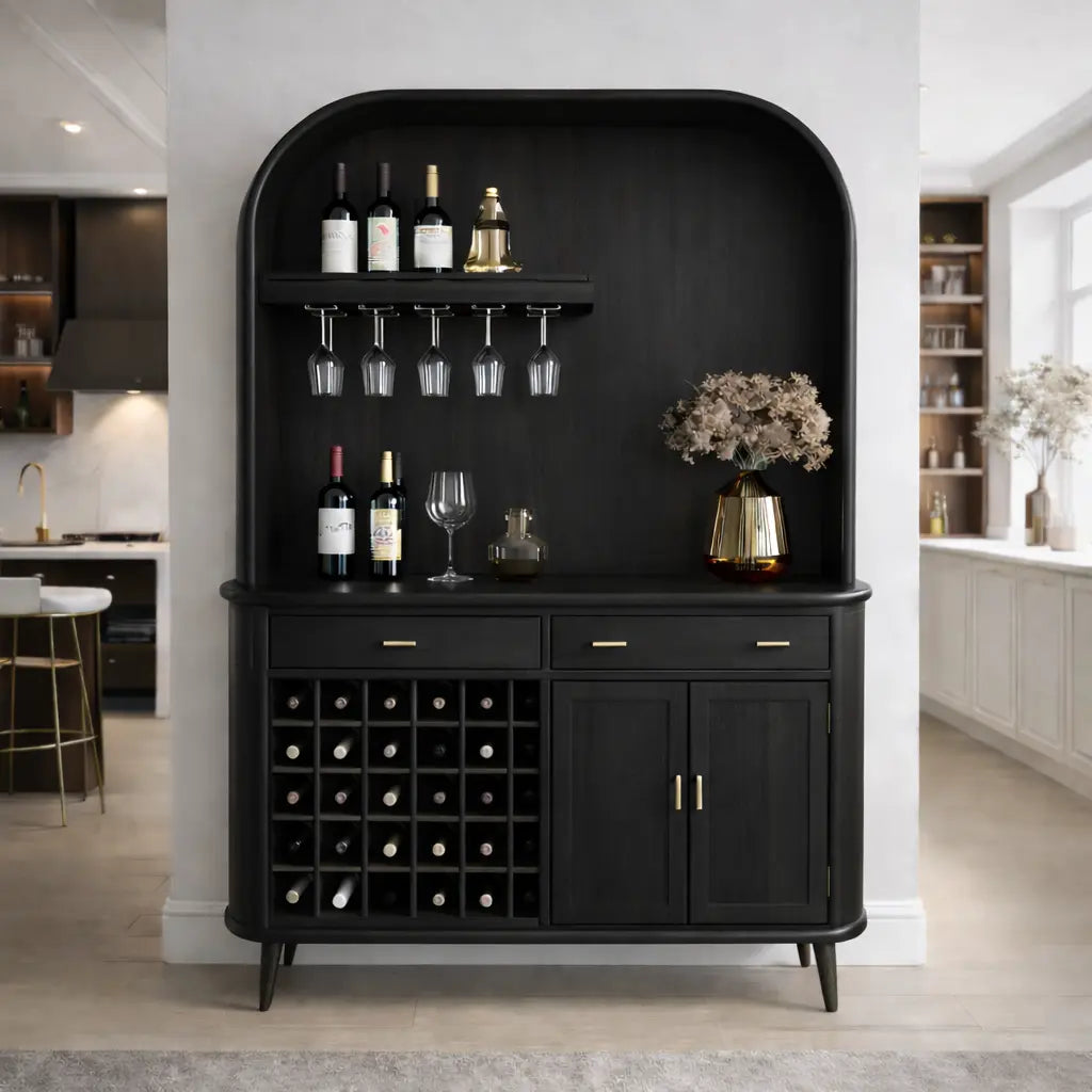 Solid Wood Bar Cabinet with Wine Rack and Curved Open Shelf Storage Kitchnce