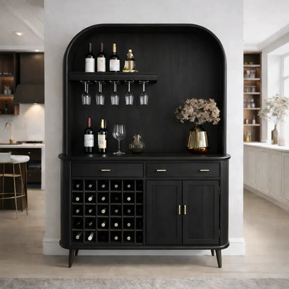 Solid Wood Bar Cabinet with Wine Rack and Curved Open Shelf Storage Kitchnce