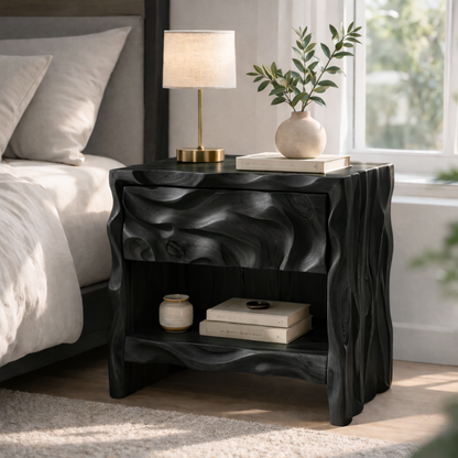 Solid Wood Nightstand with Sculptural Base – Modern Organic Bedside Table