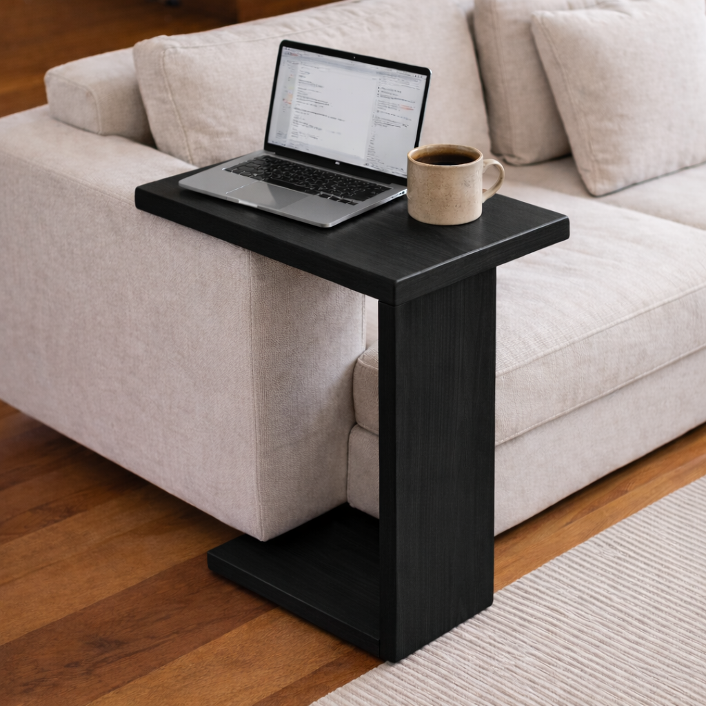 Solid Wood Sofa Armrest Table – C-Shaped Couch Arm Tray Laptop Side Table