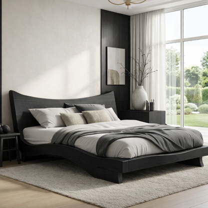 Modern Wooden Bed Frame with Curved Headboard Low Profile Platform Bedroom Design