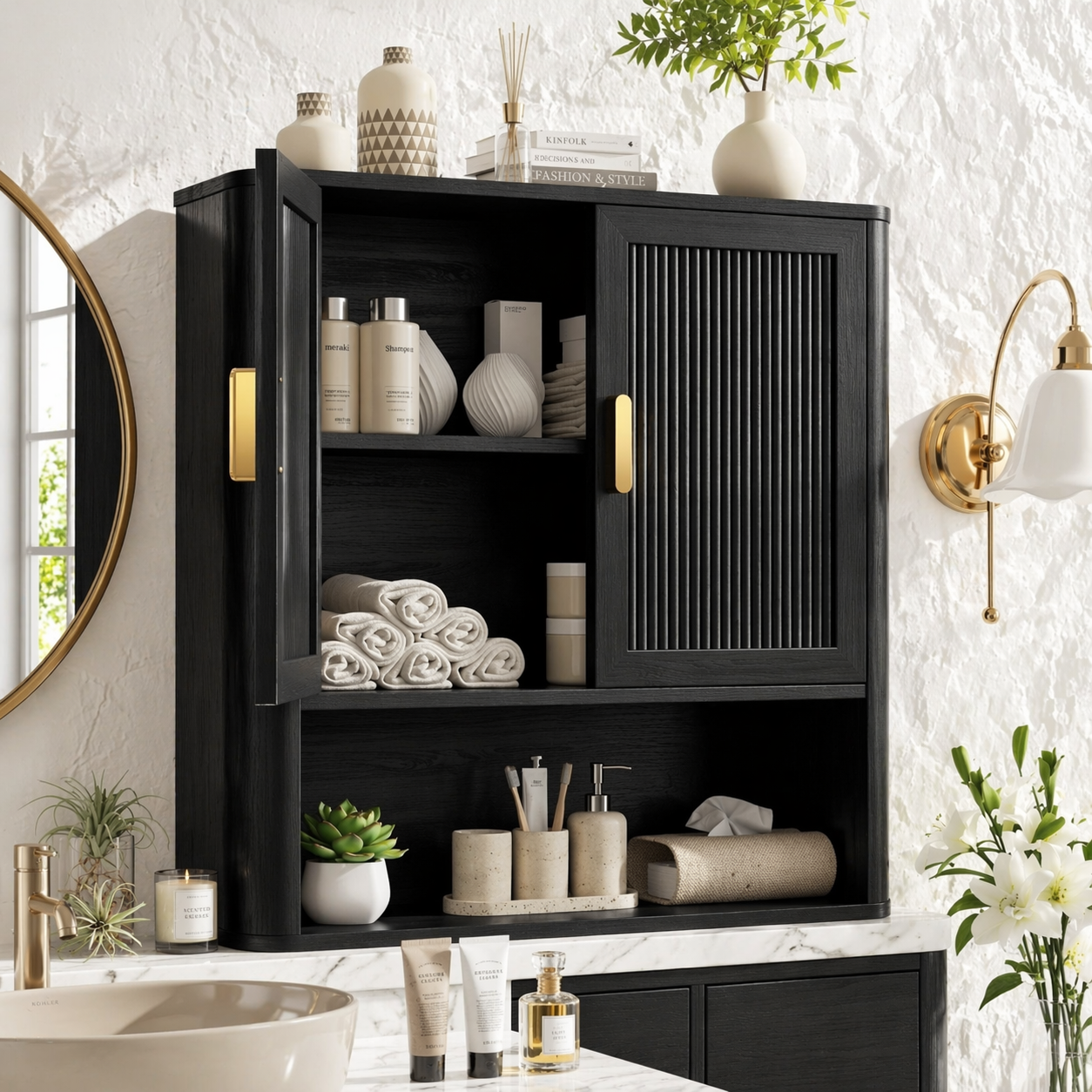 Floating Bathroom Cabinet, Modern Fluted Wall Mounted Vanity Storage Organizer Unit