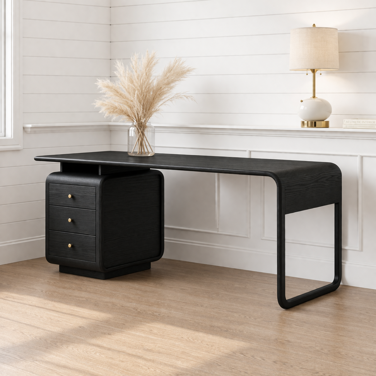 Modern Waterfall Desk with Drawers, Minimalist Home Office Writing Table